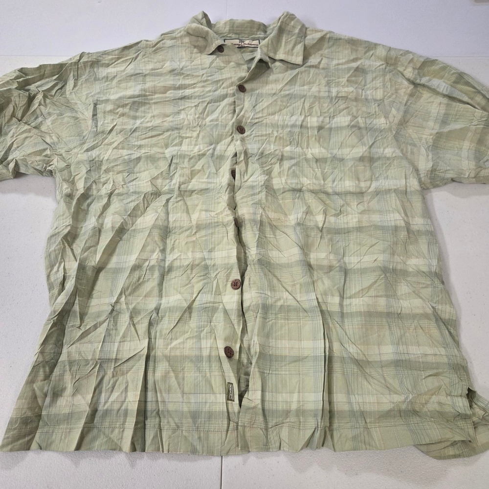 Tommy Bahama Mens Short Sleeve Plaid Button Front Camp Shirt Sage Green XL